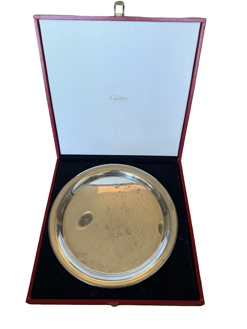 Cartier Silver-Tone Round Tray with Red Presentation Case Pewter